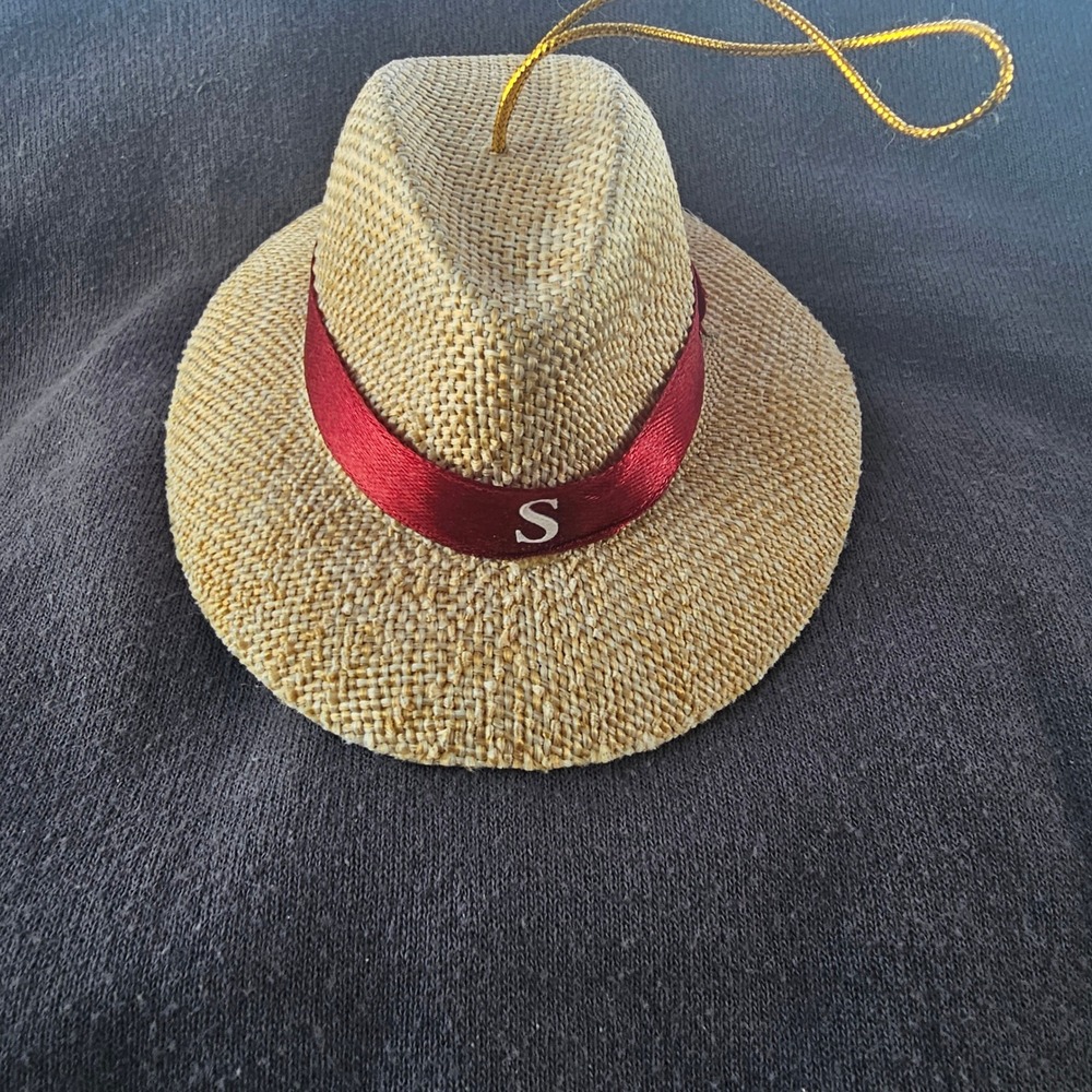 Miniature Straw Fedora Hat Ornament Red Ribbon Letter S Personalized Decor